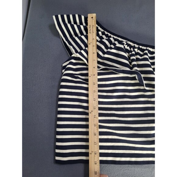 J. Crew One Shoulder Striped Ruffle Top Navy Cream SZ XS Preppy Cotton Classic - Picture 6 of 10